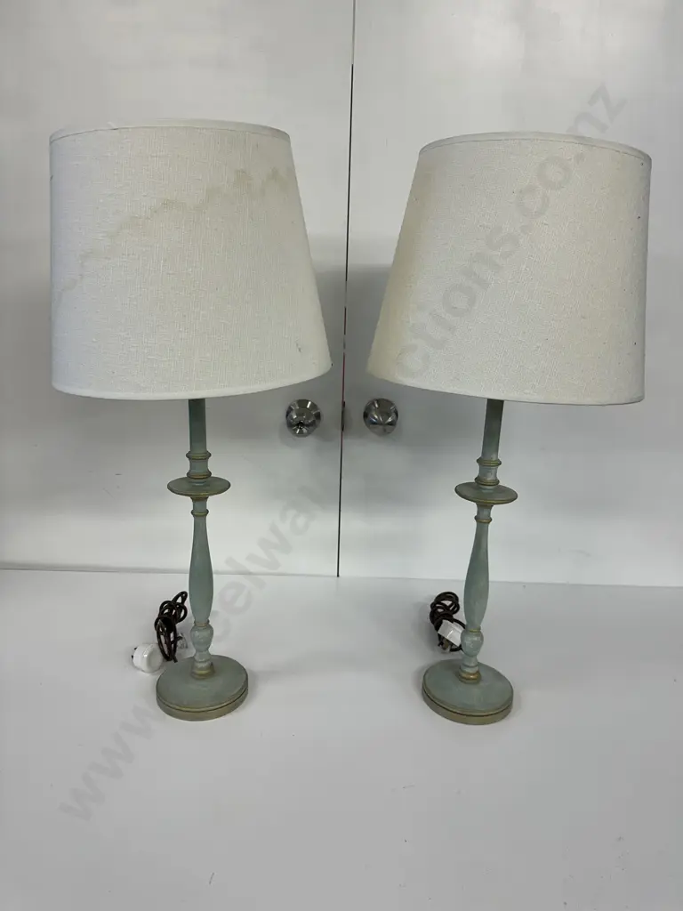 Pair Of Table Lamps Green White Wash Base With Cream Shades H 72cm (af to one) Image 1++