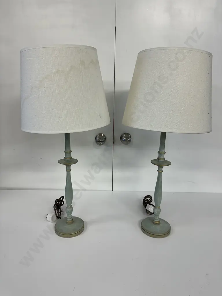Pair Of Table Lamps Green White Wash Base With Cream Shades H 72cm (af to one) Image 1++
