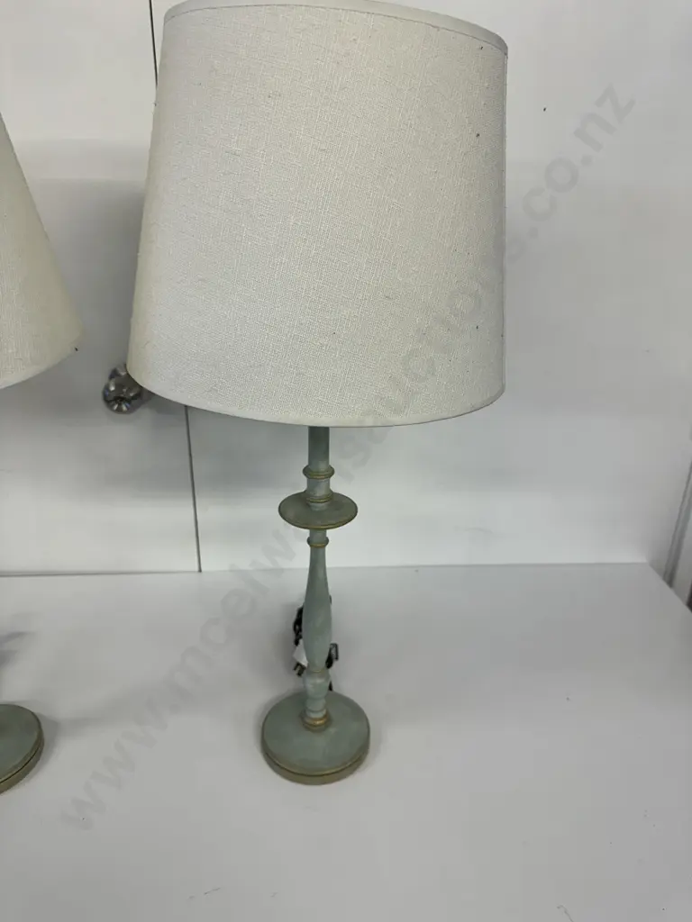 Pair Of Table Lamps Green White Wash Base With Cream Shades H 72cm (af to one) Image 1++