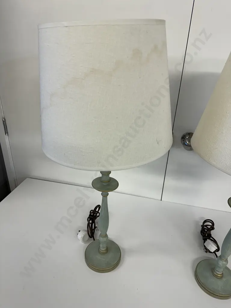 Pair Of Table Lamps Green White Wash Base With Cream Shades H 72cm (af to one) Image 1++