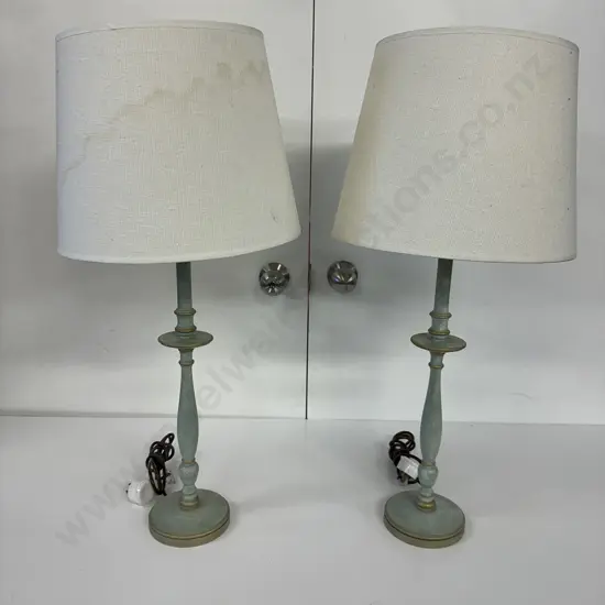 Pair Of Table Lamps Green White Wash Base With Cream Shades H 72cm (af to one)