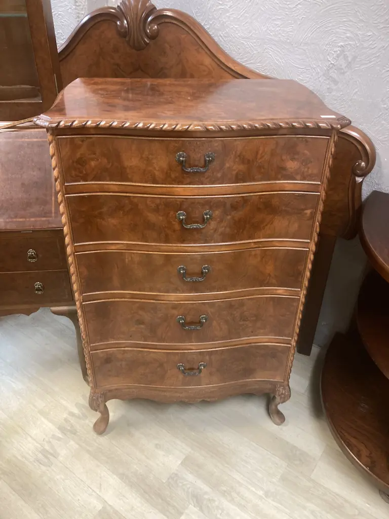 Burr Walnut 5 Drawer Tallboy, Rope Edged, Cabriole legs. H106 W69 D46cm Image 1++