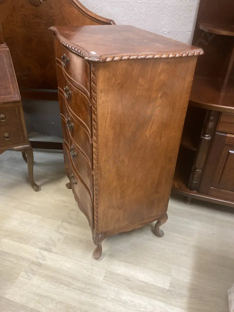 Burr Walnut 5 Drawer Tallboy, Rope Edged, Cabriole legs. H106 W69 D46cm Image 1++