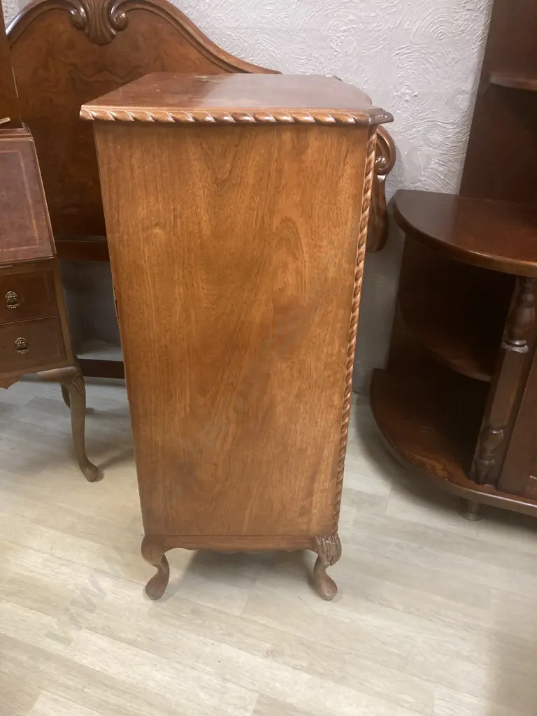 Burr Walnut 5 Drawer Tallboy, Rope Edged, Cabriole legs. H106 W69 D46cm Image 1++