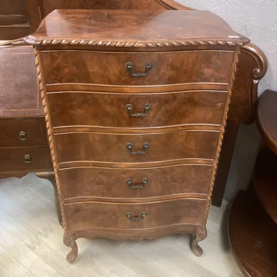 Burr Walnut 5 Drawer Tallboy, Rope Edged, Cabriole legs. H106 W69 D46cm