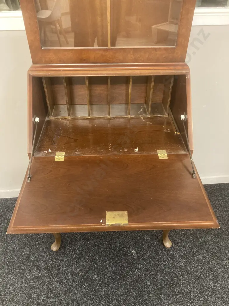 Walnut Secretaire With Marquetry, 2 Glass Doors Over 2 Drawers With Fall Front Desk & Key. H175 W62 D38cm Image 1++
