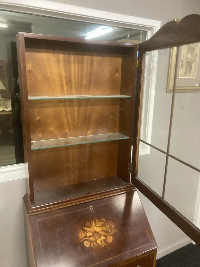 Walnut Secretaire With Marquetry, 2 Glass Doors Over 2 Drawers With Fall Front Desk & Key. H175 W62 D38cm Image 1++