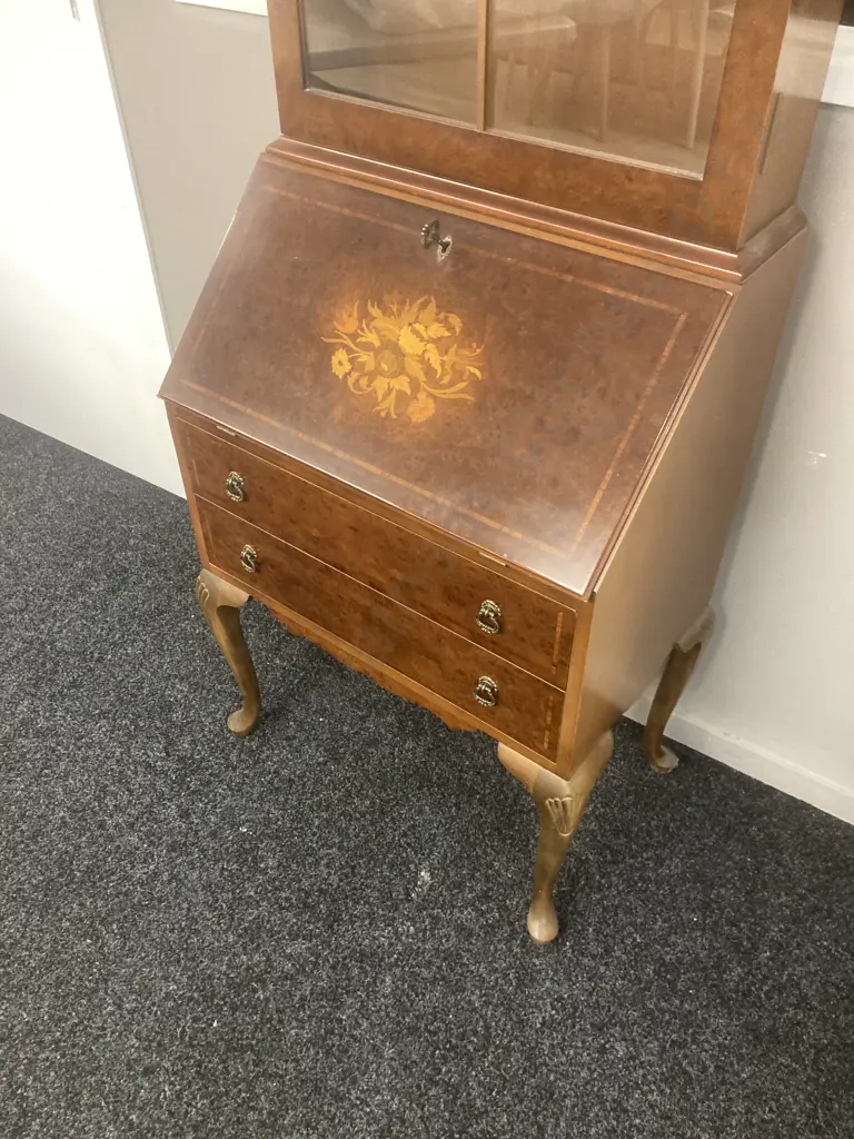 Walnut Secretaire With Marquetry, 2 Glass Doors Over 2 Drawers With Fall Front Desk & Key. H175 W62 D38cm Image 1++