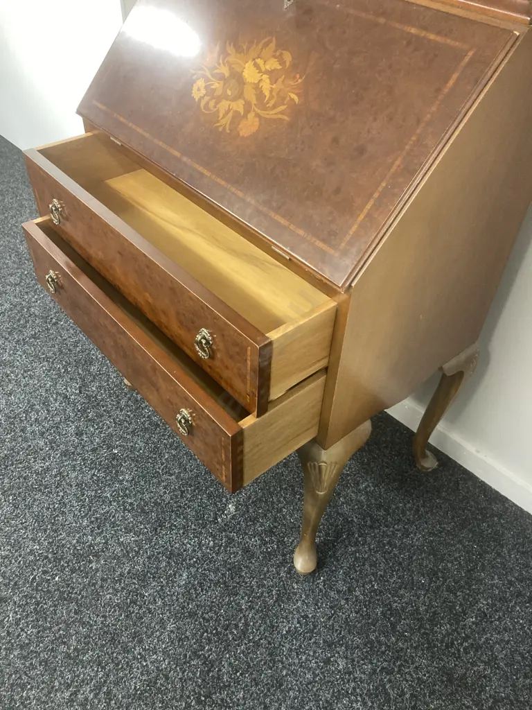 Walnut Secretaire With Marquetry, 2 Glass Doors Over 2 Drawers With Fall Front Desk & Key. H175 W62 D38cm Image 1++