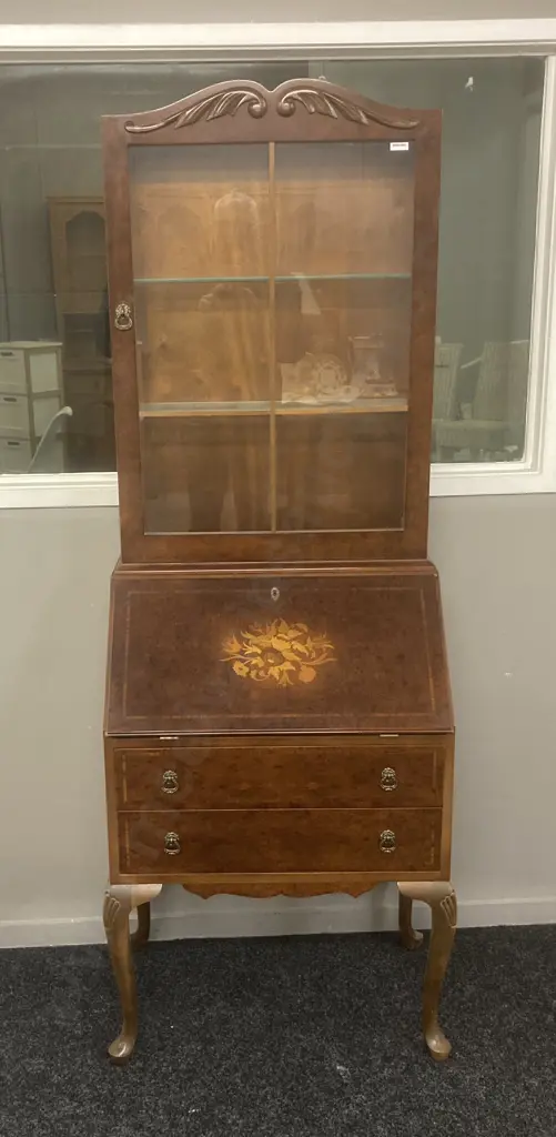 Walnut Secretaire With Marquetry, 2 Glass Doors Over 2 Drawers With Fall Front Desk & Key. H175 W62 D38cm Image 1++