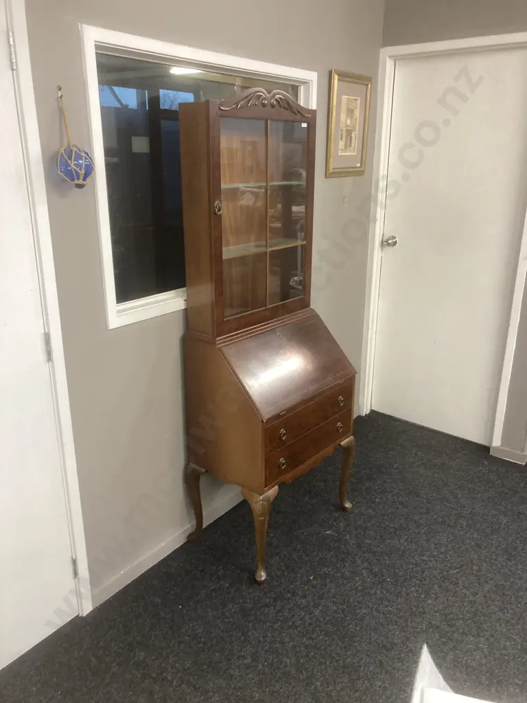 Walnut Secretaire With Marquetry, 2 Glass Doors Over 2 Drawers With Fall Front Desk & Key. H175 W62 D38cm Image 1++
