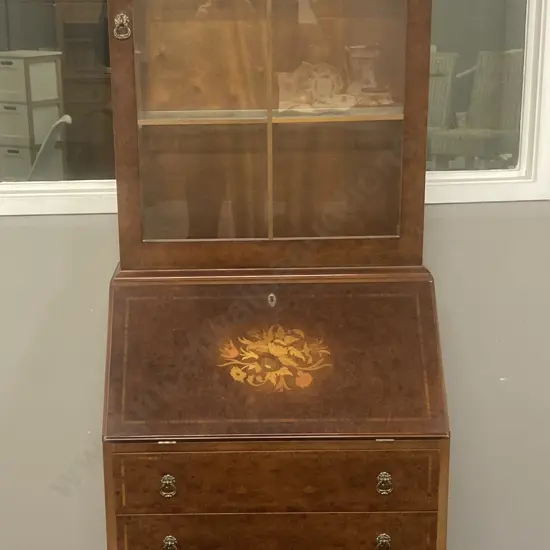 Walnut Secretaire With Marquetry, 2 Glass Doors Over 2 Drawers With Fall Front Desk & Key. H175 W62 D38cm
