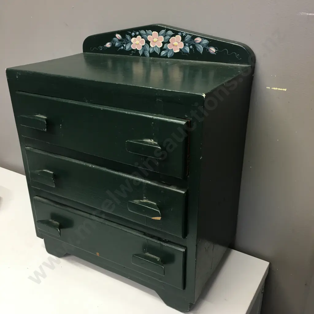 Small Three Drawer Dark Green Chest Of Drawers H50, W40, D24cm Image 1++