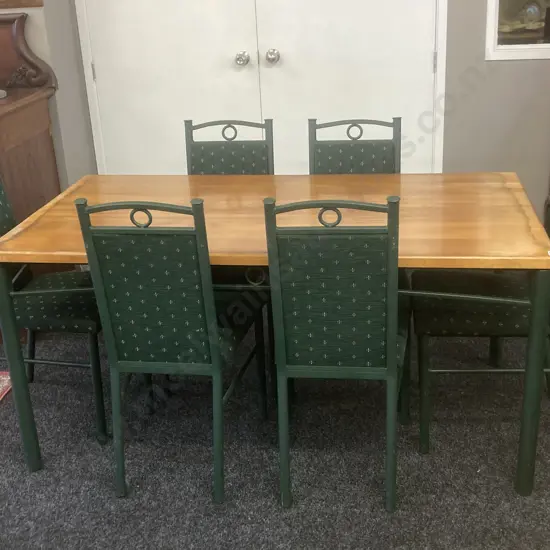 Dining Suite, Rimu & Green Steel Table With 6 Green Upholstered Highback Dining Chairs. H74.5 W159.5 D82.5cm
