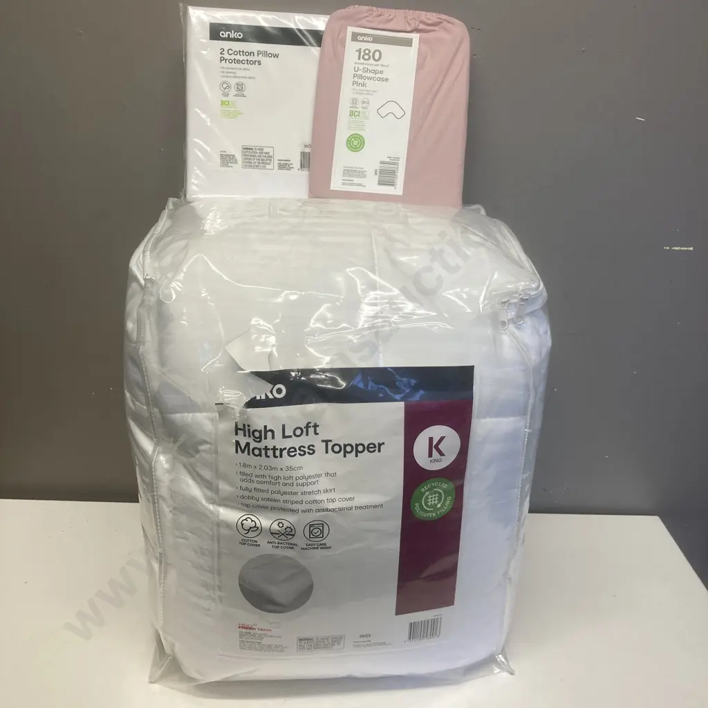 Anko High Loft Mattress Topper King, Pair of Pillow Protectors, Pink U-Shape Pillowcase Image 1++