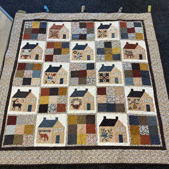 House & Animal/Floral Themed Patchwork Square Wall Hanging 145x145cm