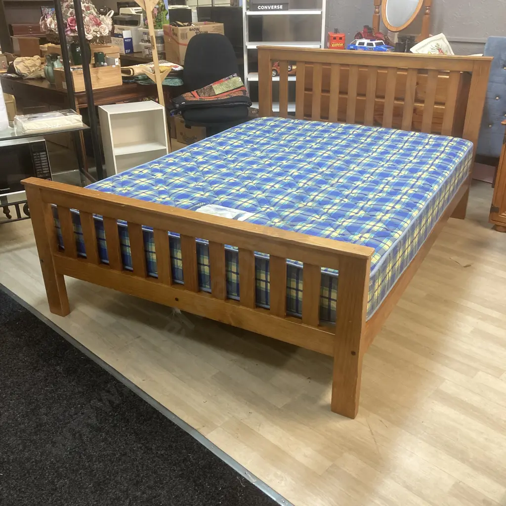 Queen Size Wooden Slat Bed With a Posture Support 3000 Mattress (A.H. Beard Ltd) Image 1++