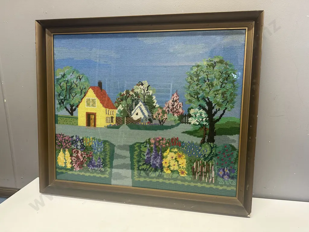 Large Framed Artwork Vintage Cross Stitch Farm House & Garden Themed H57,W68cm Image 1++