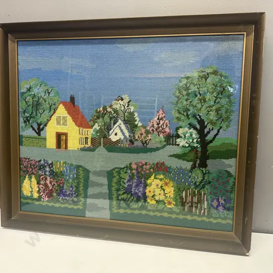 Large Framed Artwork Vintage Cross Stitch Farm House & Garden Themed H57,W68cm