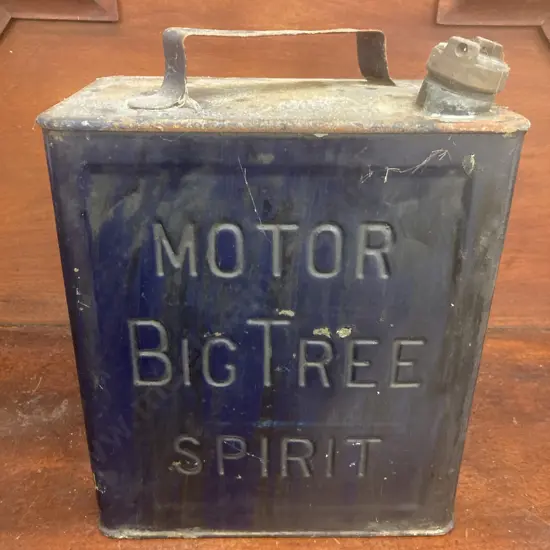 Big Tree Motor Spirit Tin, 2 Imperial Gallon. Large Pressed Tin With Brass Cap & Spout, Body is 28cm High. 1900s