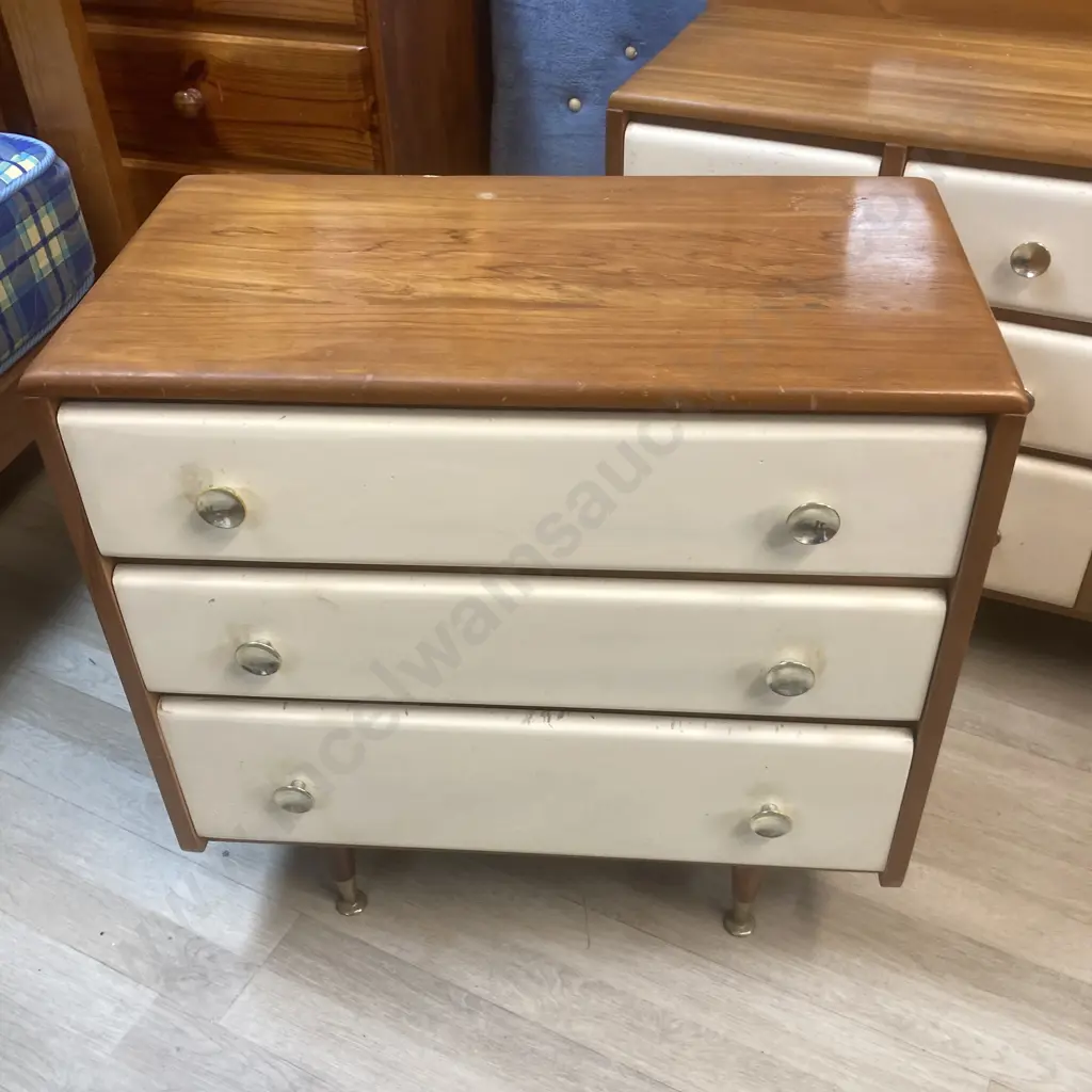 Mid Century Wooden 4 Pce Bedroom Suite, Drawers Painted White, Original Handles, Tapered Legs Image 1++