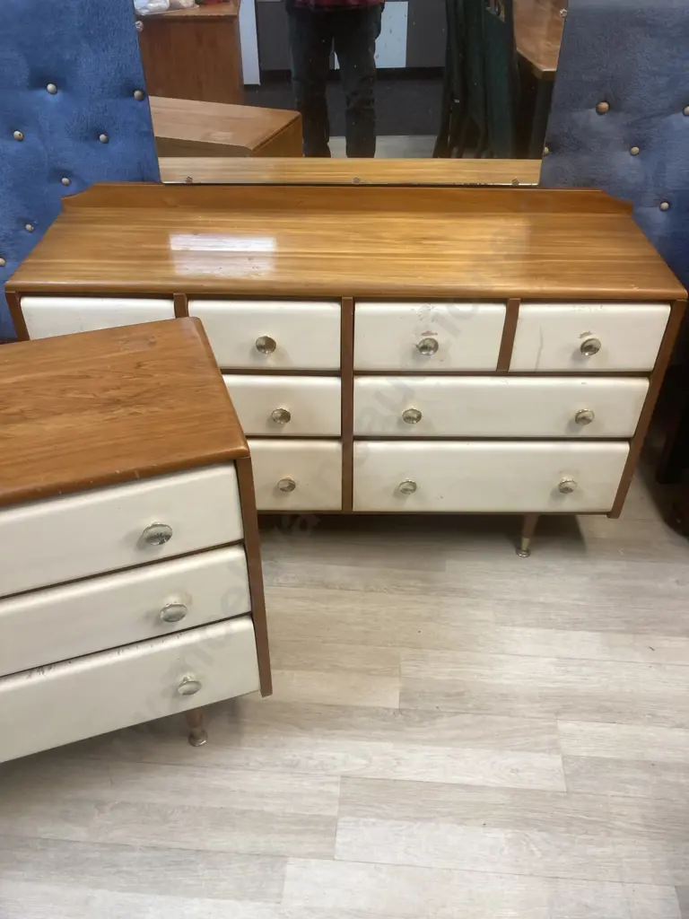 Mid Century Wooden 4 Pce Bedroom Suite, Drawers Painted White, Original Handles, Tapered Legs Image 1++