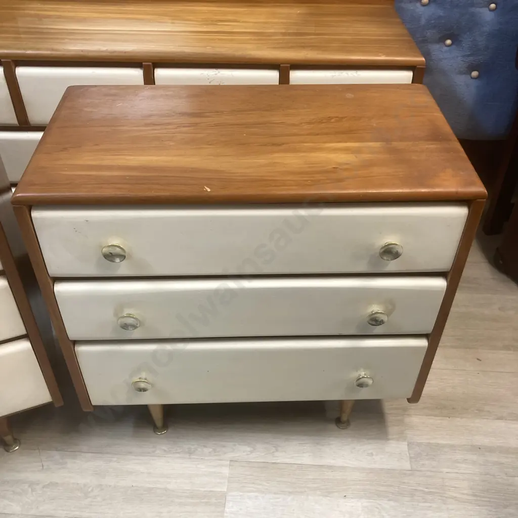 Mid Century Wooden 4 Pce Bedroom Suite, Drawers Painted White, Original Handles, Tapered Legs Image 1++