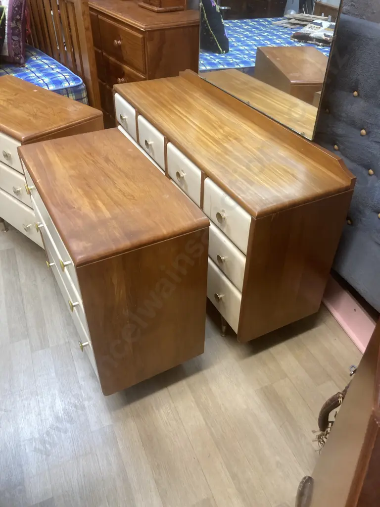 Mid Century Wooden 4 Pce Bedroom Suite, Drawers Painted White, Original Handles, Tapered Legs Image 1++