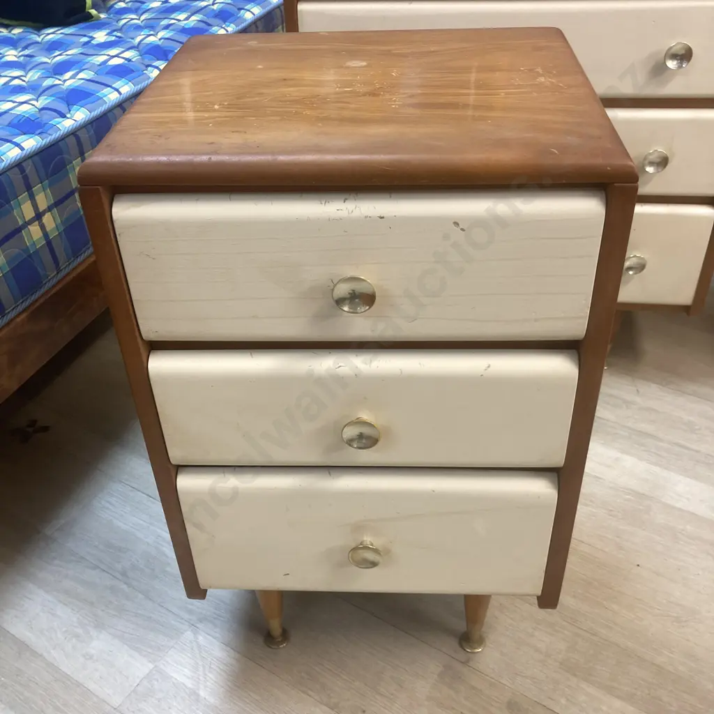 Mid Century Wooden 4 Pce Bedroom Suite, Drawers Painted White, Original Handles, Tapered Legs Image 1++