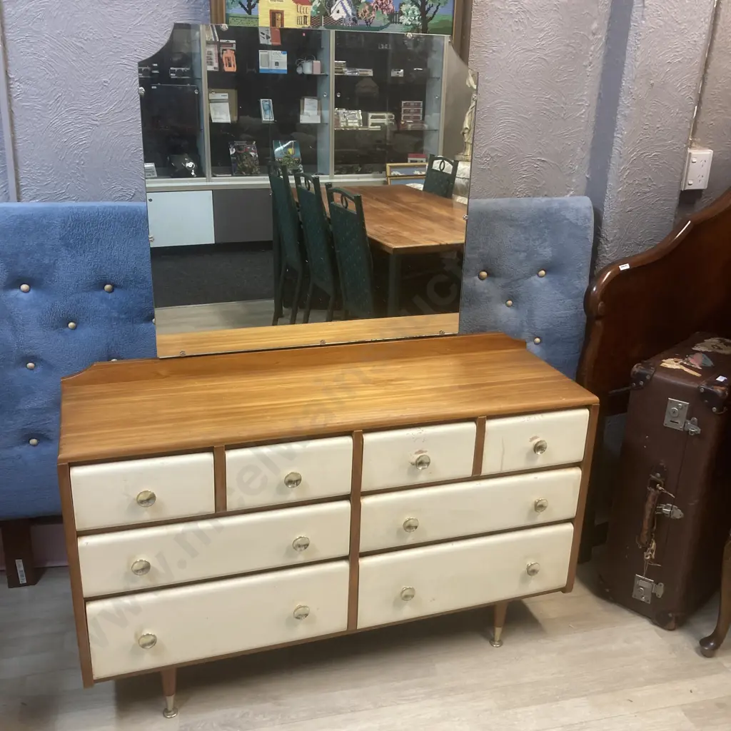 Mid Century Wooden 4 Pce Bedroom Suite, Drawers Painted White, Original Handles, Tapered Legs Image 1++