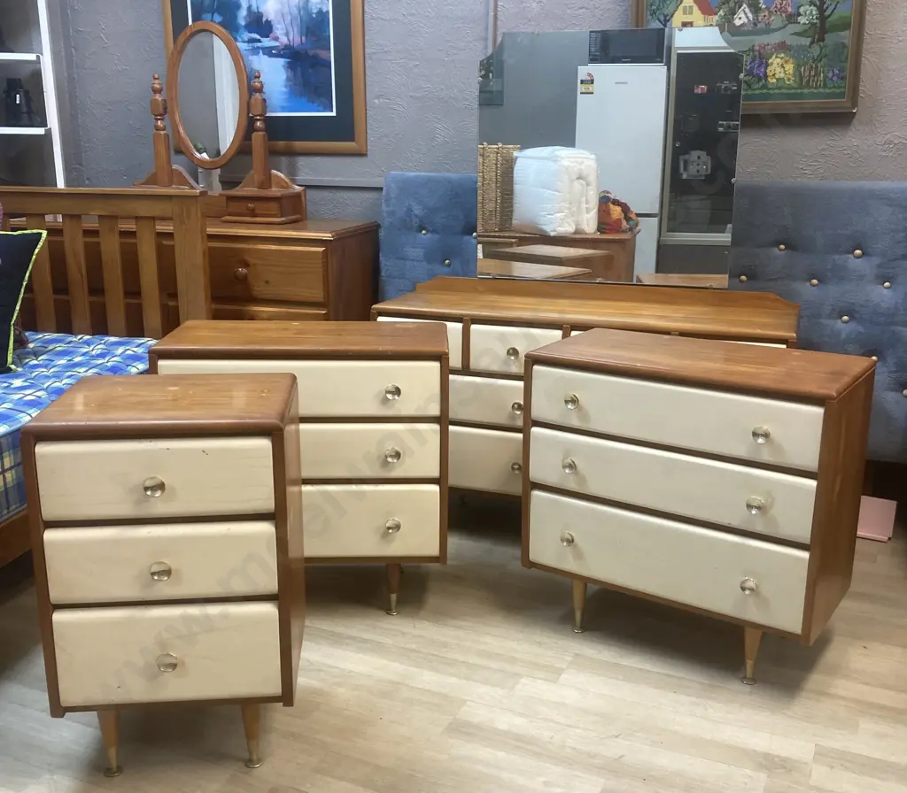 Mid Century Wooden 4 Pce Bedroom Suite, Drawers Painted White, Original Handles, Tapered Legs Image 1++
