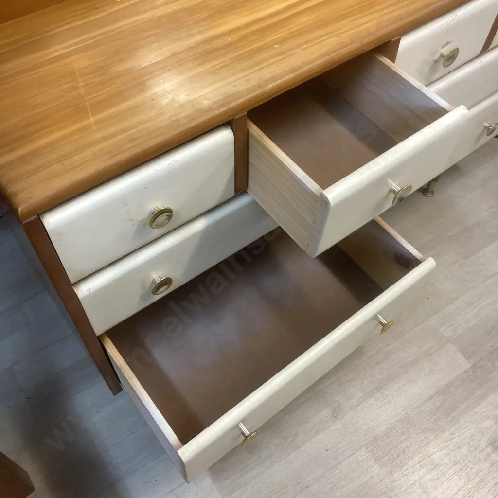 Mid Century Wooden 4 Pce Bedroom Suite, Drawers Painted White, Original Handles, Tapered Legs Image 1++