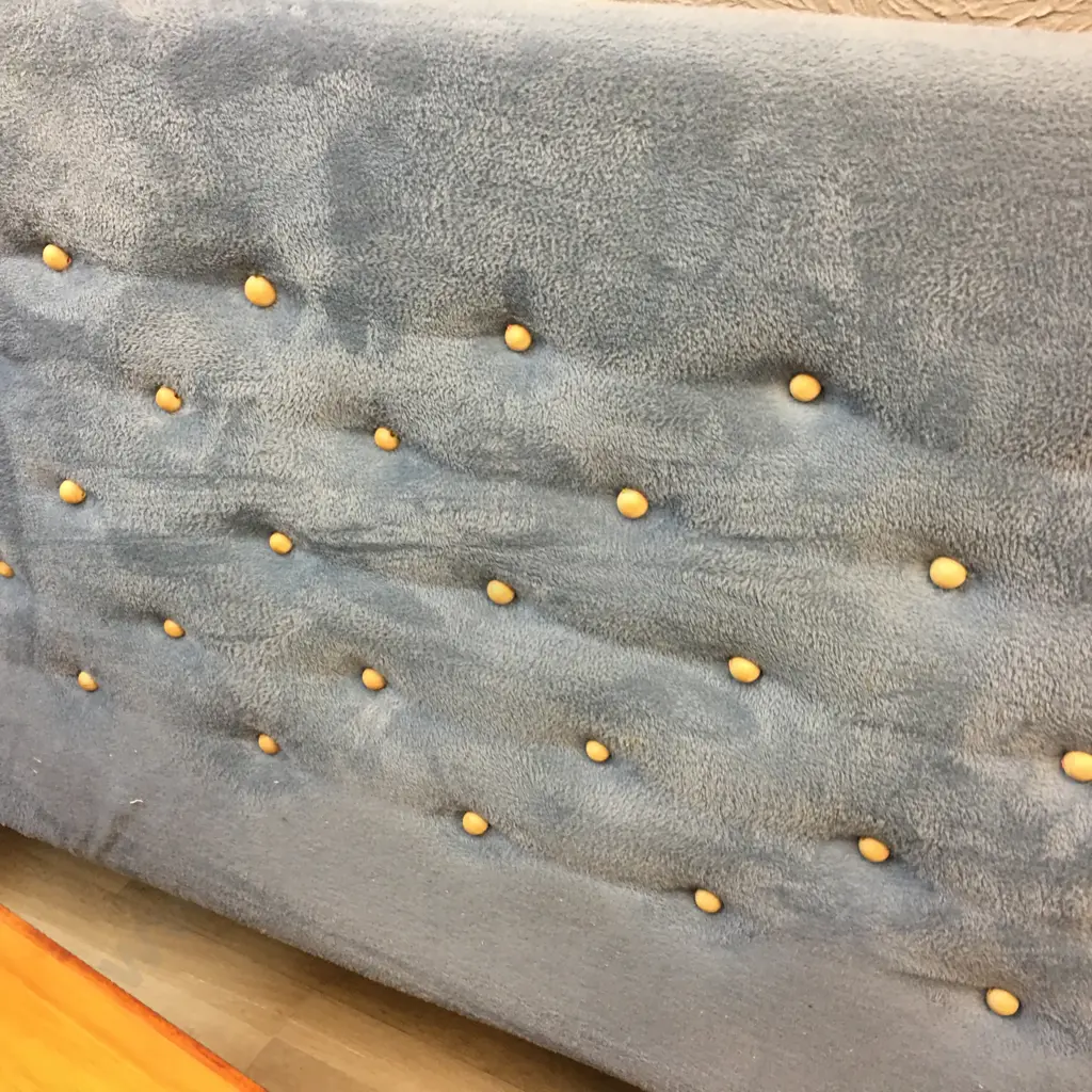 Grey Blue Plush Headboard, Wooden Button Back With Pink Top. 1.075 x 2.11cm Image 1++