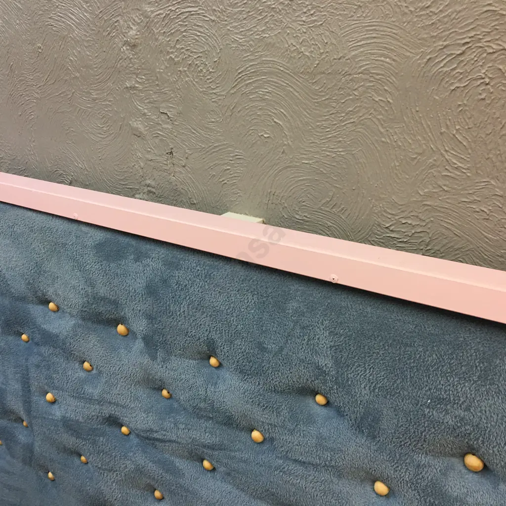 Grey Blue Plush Headboard, Wooden Button Back With Pink Top. 1.075 x 2.11cm Image 1++