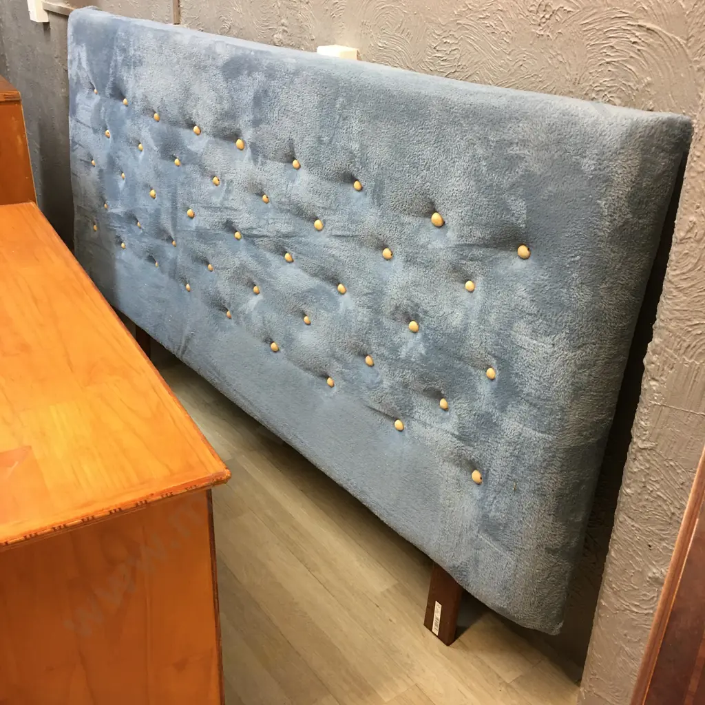 Grey Blue Plush Headboard, Wooden Button Back With Pink Top. 1.075 x 2.11cm Image 1++