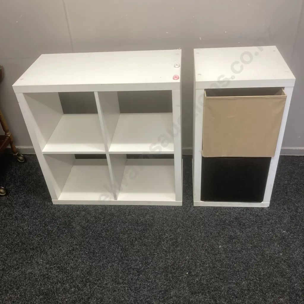 2 x White Painted Wooden Cube Units. 76 x 76 & 76 x 41cm With 2 Fabric Baskets Image 1++
