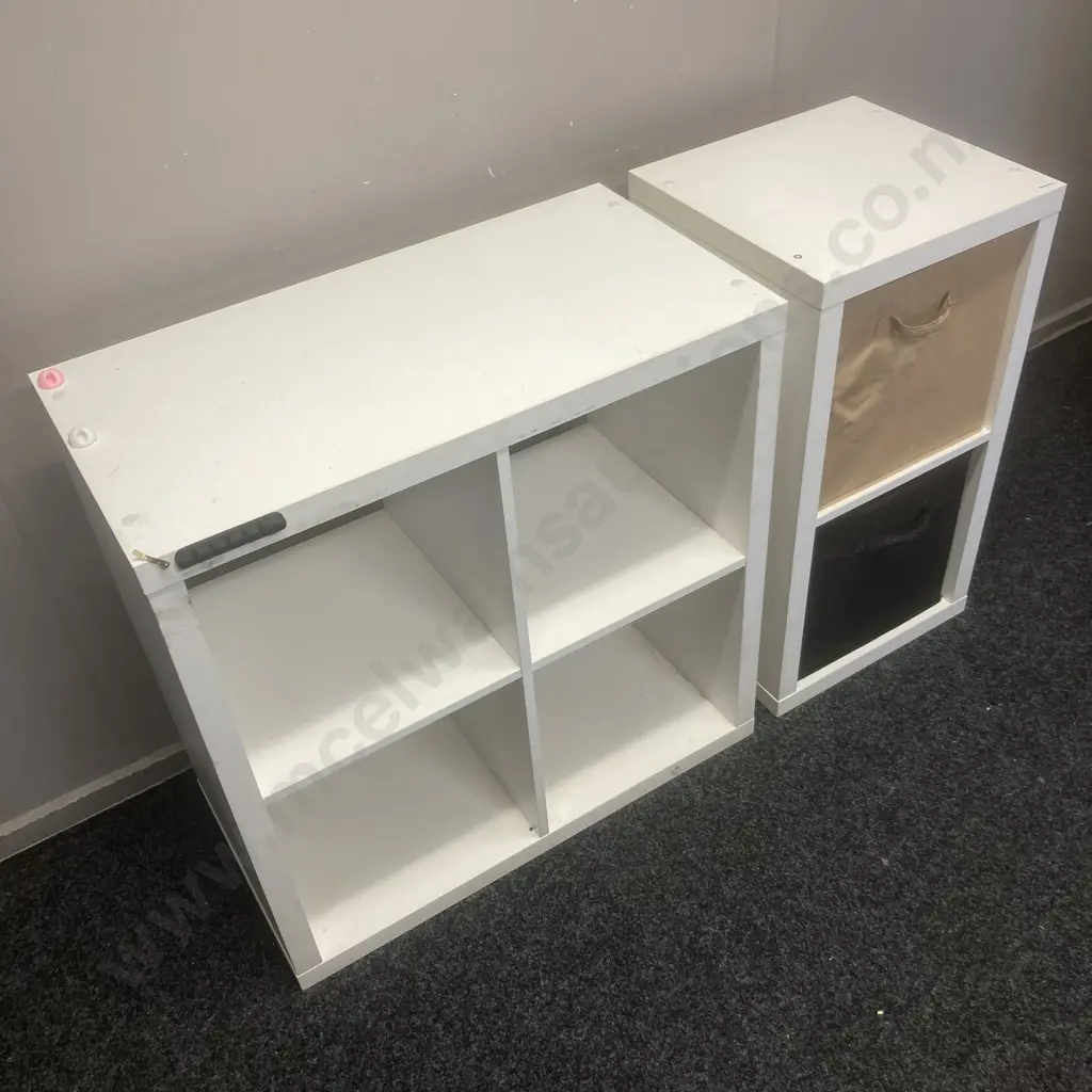 2 x White Painted Wooden Cube Units. 76 x 76 & 76 x 41cm With 2 Fabric Baskets Image 1++