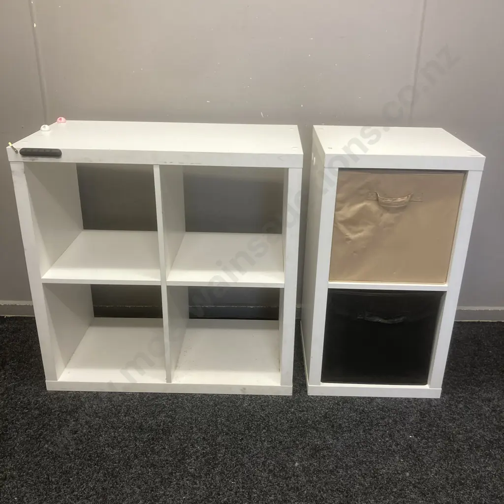 2 x White Painted Wooden Cube Units. 76 x 76 & 76 x 41cm With 2 Fabric Baskets Image 1++