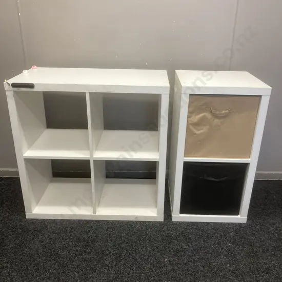 2 x White Painted Wooden Cube Units. 76 x 76 & 76 x 41cm With 2 Fabric Baskets