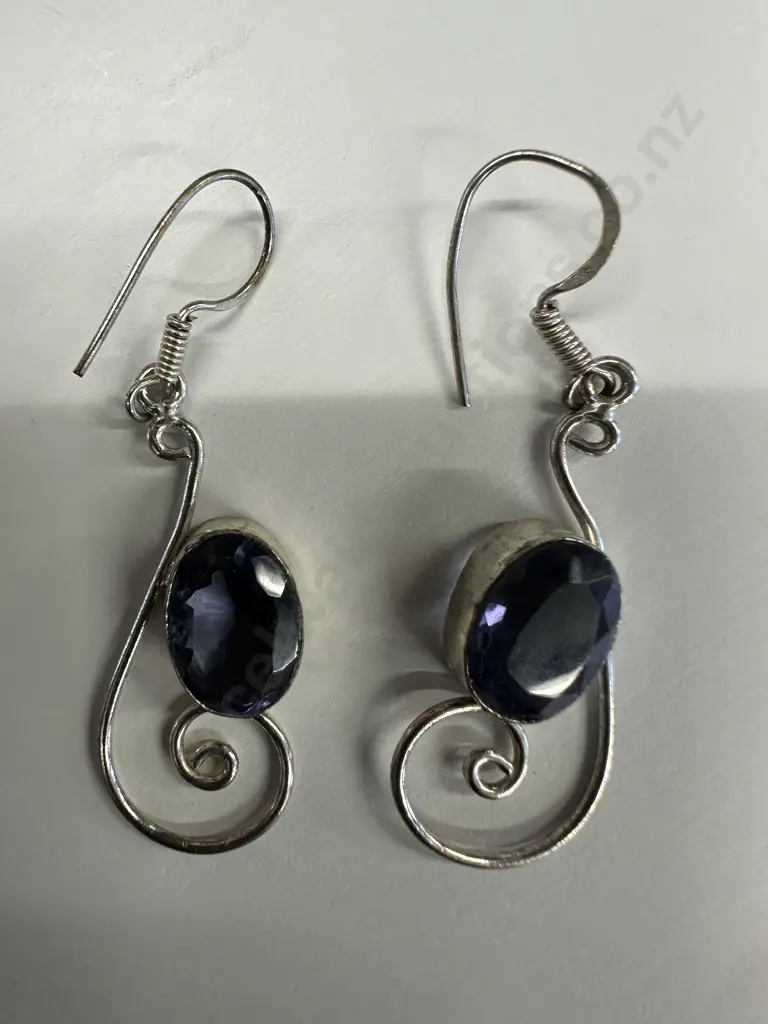 Pair Of Earings Stamped 925 On Hook with Purple Coloured Gemstone Image 1++