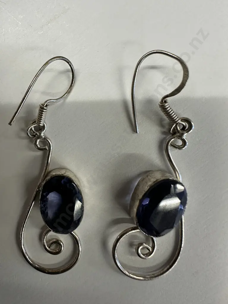 Pair Of Earings Stamped 925 On Hook with Purple Coloured Gemstone Image 1++