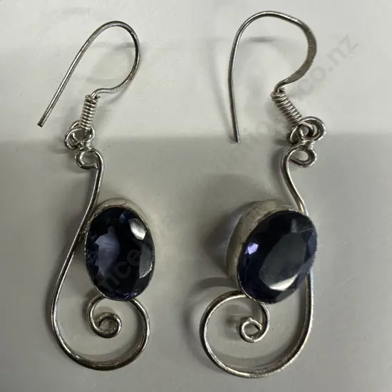 Pair Of Earings Stamped 925 On Hook with Purple Coloured Gemstone
