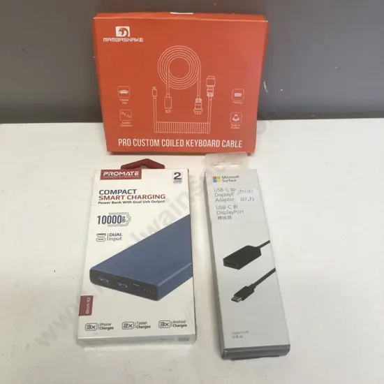 Promate BOLT-10 Blue 10000mAh Power Bank, Microsoft USB-C to Display Port Adapter, Mamgasnake Coiled Keyboard Cable