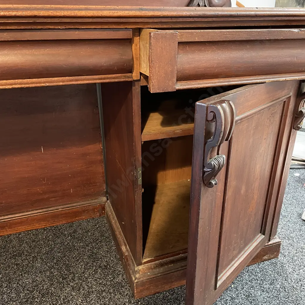 Antique Solid Mahogany Twin Pedestal Sideboard/Buffet. 2 door, 3 drawer with internal drawers. W2.25m, H1.56m, D70cm Image 1++