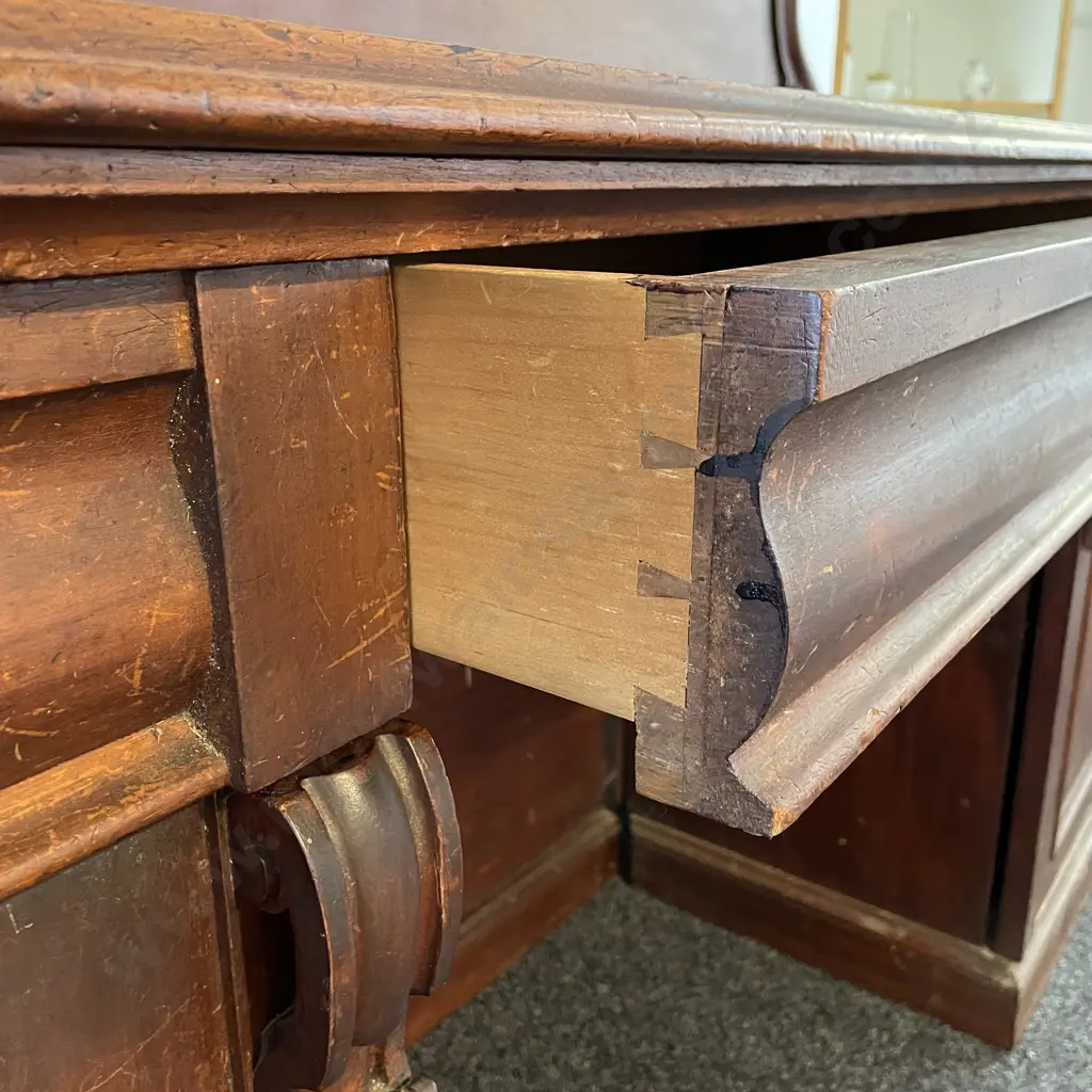 Antique Solid Mahogany Twin Pedestal Sideboard/Buffet. 2 door, 3 drawer with internal drawers. W2.25m, H1.56m, D70cm Image 1++