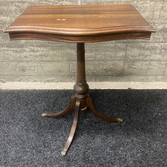 Antique Mahogany Lamp Table, Brass Claw Feet, Bevelled Edge, Curved Front. H69 W56 D40cm