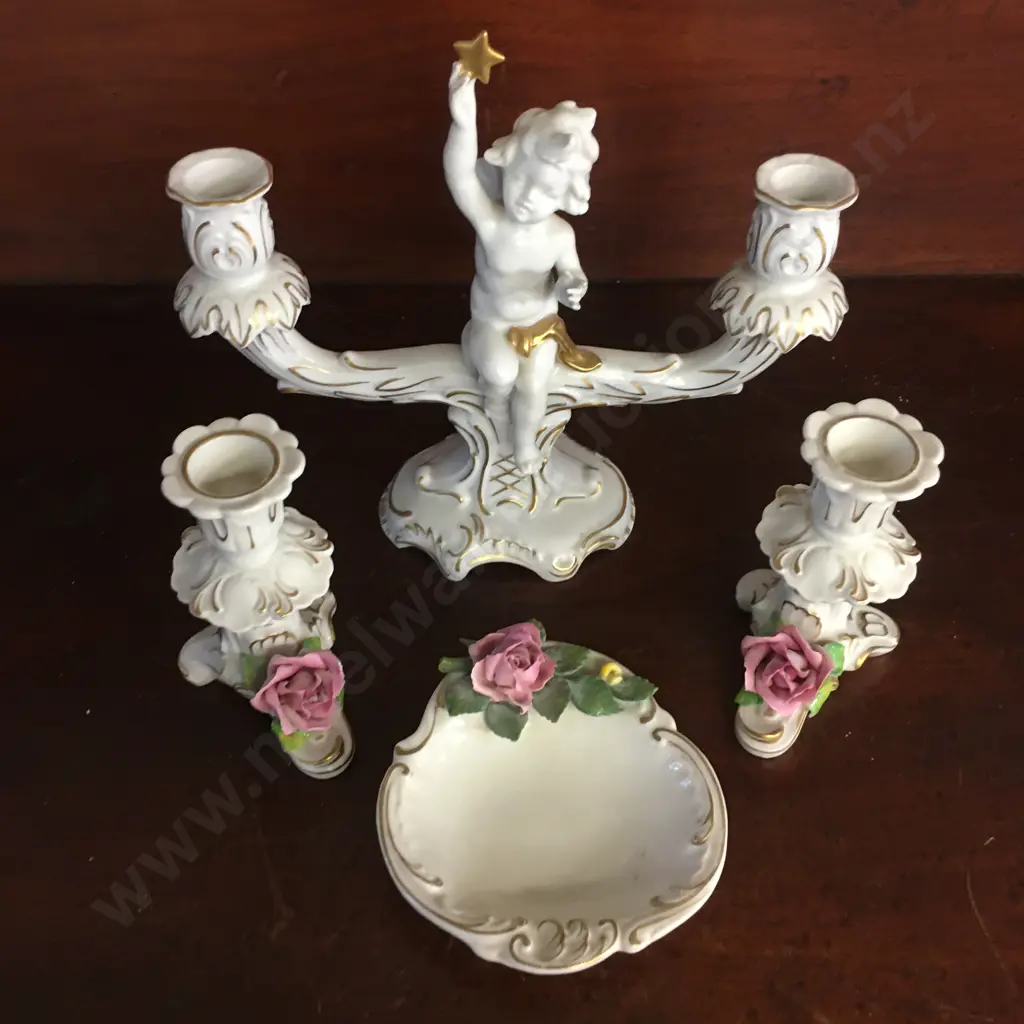 German China Items Including Candelabra, Holders & Dish Image 1++