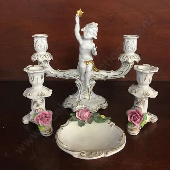 German China Items Including Candelabra, Holders & Dish