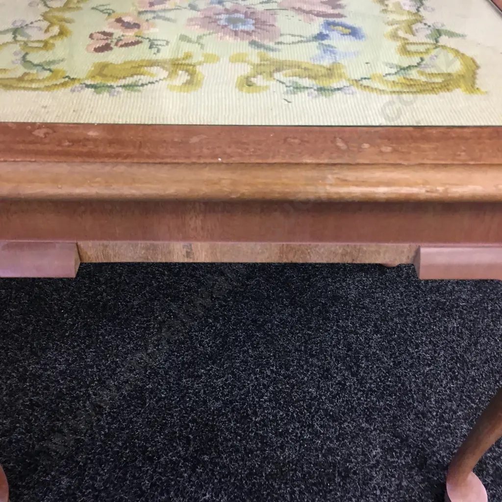 Vintage Mahogany Table With Tapestry Inlaid, Glass Top With Cabriole Legs H52,D52,W63cm. Image 1++