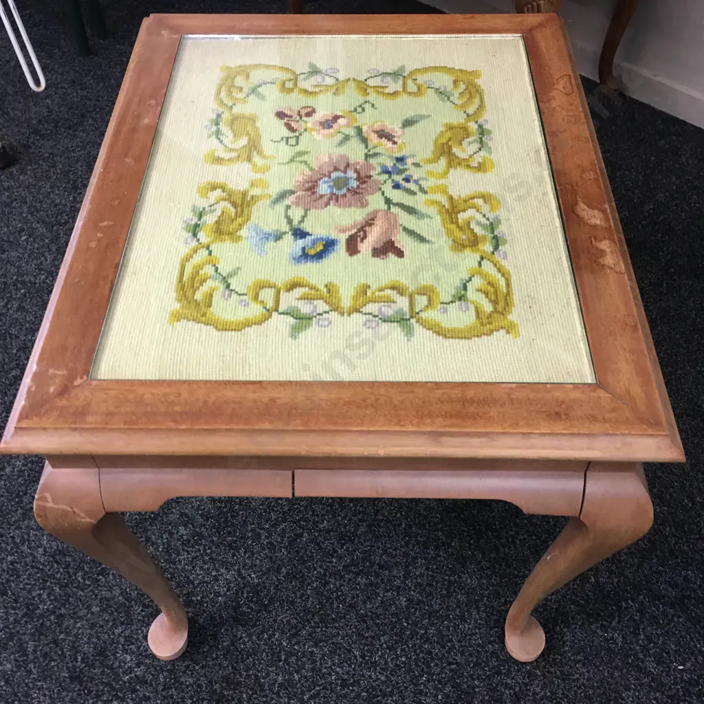 Vintage Mahogany Table With Tapestry Inlaid, Glass Top With Cabriole Legs H52,D52,W63cm. Image 1++